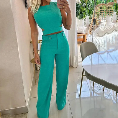 Isla | Stylish Sleeveless Cut-Out Top Wide-Leg Pants Set